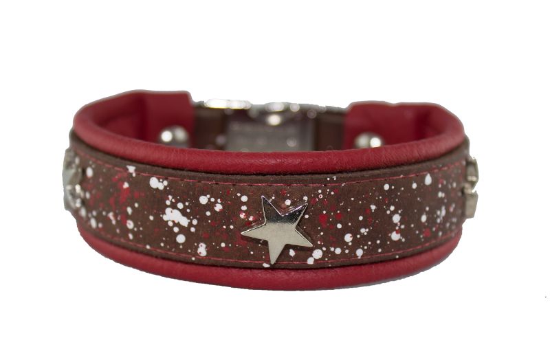 Fettlederhalsband Doggie-art braun rot weiß mit Sternen